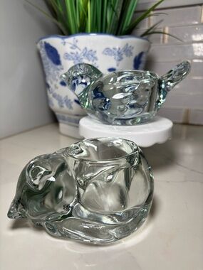 Vintage Indiana Glass Clear Crystal Figurines Sleeping Cat & Songbird Votive Set